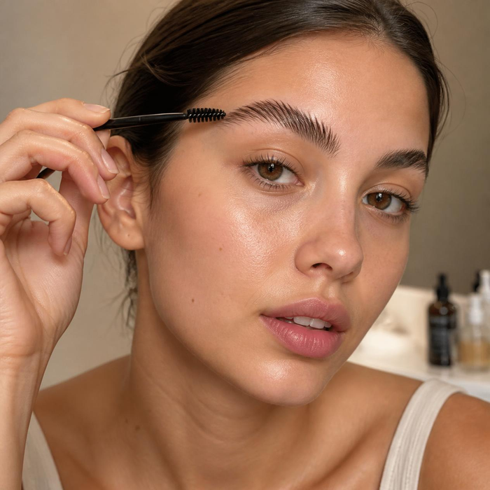 Frau bürstet ihre Augenbraue mit einer Spoolie-Bürste nach oben für den Brow-Lamination-Look – Brow Styling Wax Salt & Rose Cosmetics