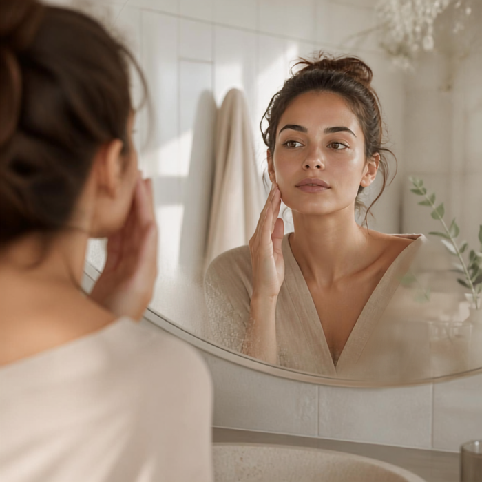 Frau berührt am Morgen ihr Gesicht vor dem Badezimmerspiegel – Ritual für müde Augen mit Eye Bomb, Salt & Rose Cosmetics