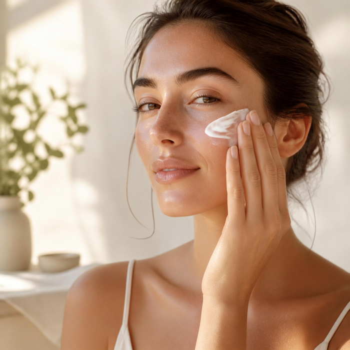 Frau trägt in weichem Morgenlicht Gesichtscreme auf – sanftes Pflegeritual für müde Augen im Spätsommer, Salt & Rose Cosmetics