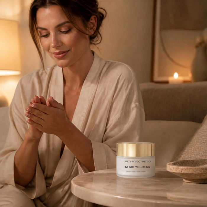 Frau wärmt die Infinite Wellbeing 24-Stunden-Creme an einem gemütlichen Abend zwischen den Handflächen – Salt & Rose Cosmetics