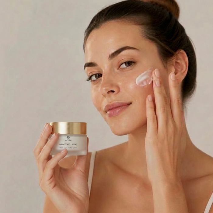Woman caring for her sun-warmed skin in the evening with Infinite Wellbeing 24-Hour Face Cream by Salt & Rose Cosmetics